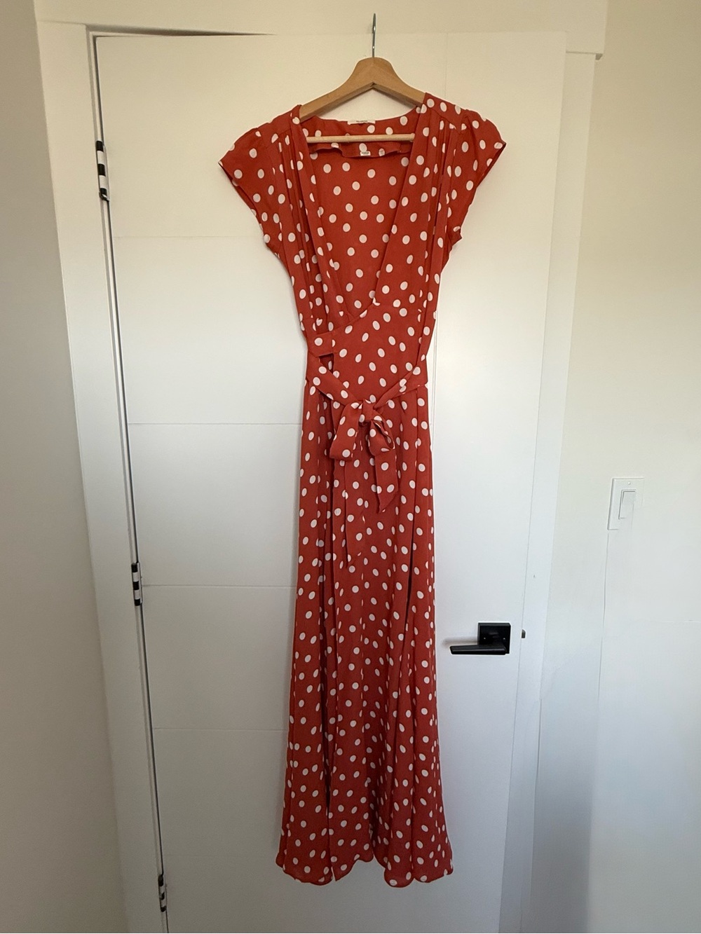 Tularosa Terracotta Short Sleeve Maxi Wrap Dress with White Polka Dots